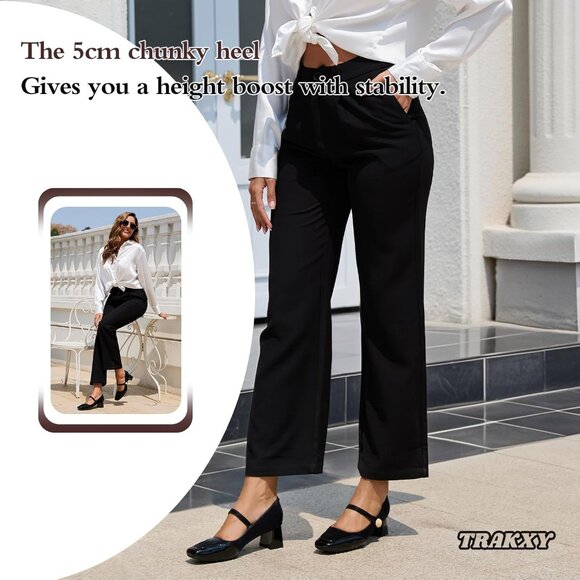 Women's Black  Square Toe Mary Jane Comfortable Closed Toe Chunky Block Heels - Picture 6 of 8